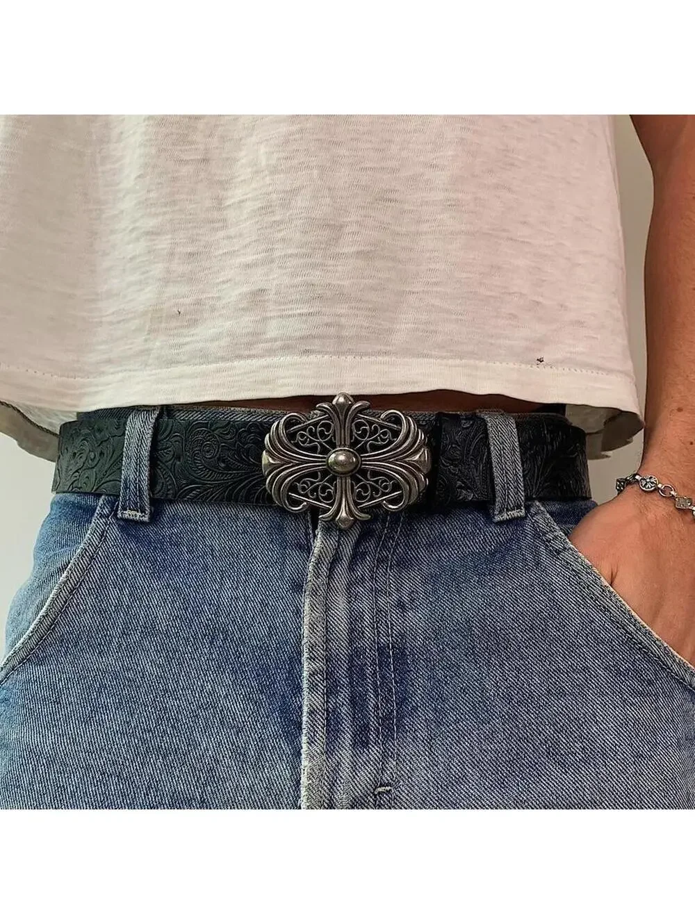 Y2k style Gothic Cross Chrome Silver black floral belt. Very cool unique belt